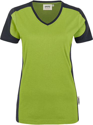 Damen V-​Shirt Contrast Mikralinar® 190, kiwi/​anthrazit, Gr. 3XL