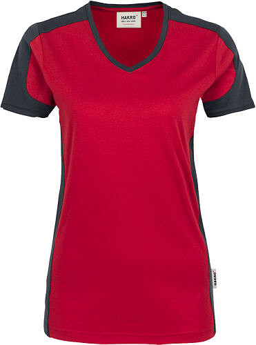 Damen V-Shirt Contrast Mikralinar® 190, rot/anthrazit, Gr. 2XL 